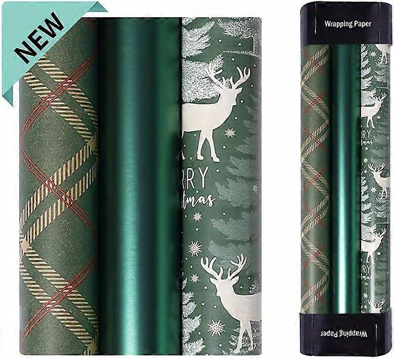 Christmas Gift Wrapping Paper - 3 Rolls Holiday Wrap Paper with Green Red Plaid, Reindeer and Metallic Foil for Gift Packaging -17 * 120 in/Roll - Vin