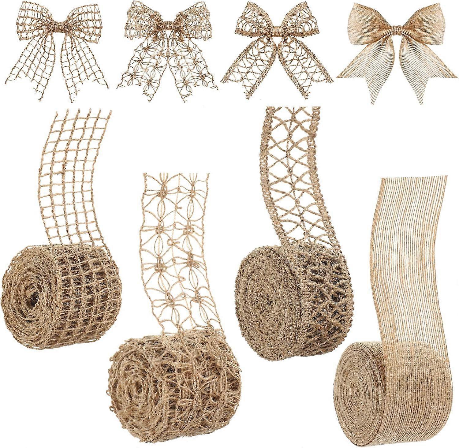 4 Rolls Burlap Ribbon Natural Jute Burlap Lace Ribbon Mesh Burlap Ribbon Weeding Ribbon Trim Craft Wrapping Ribbon for Holiday Party DIY