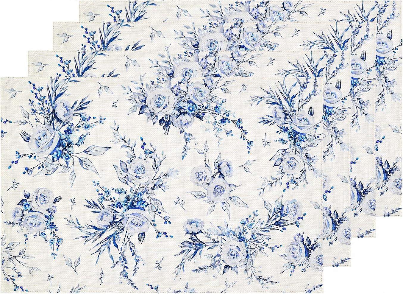 Napperon Rose Nature bleu, tapis de table blanc, toile de jute en lin, isolation thermique lavable à deux étages pour table à manger, ensemble de 4 tables de cuisine (12 x 18 pouces)