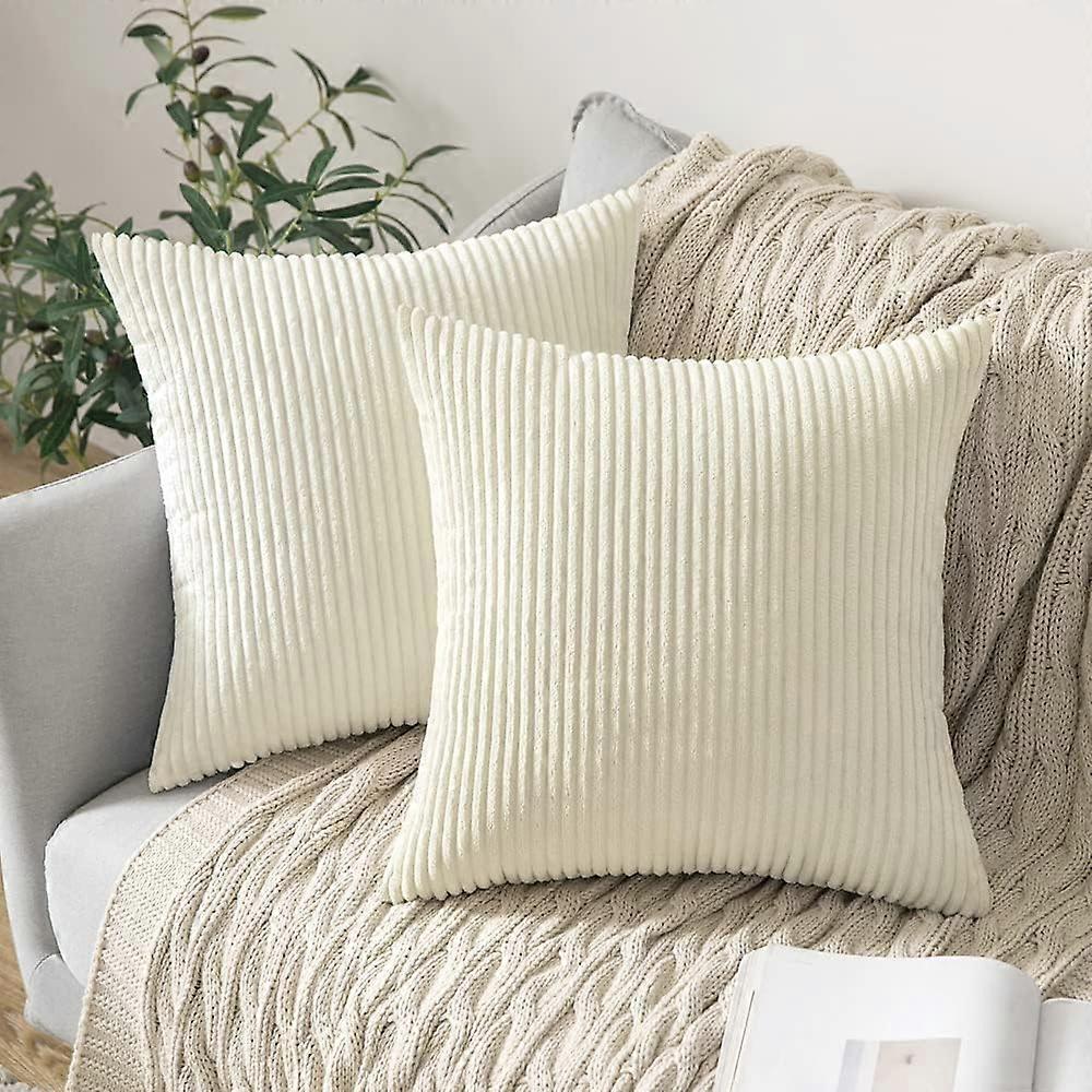 Pack of 2 Corduroy Soft Soild Decorative Square Throw Pillow Covers Set Cushion Cases Pillowcasesr 18 x 18 Inch 45 x 45 Cm Cream White