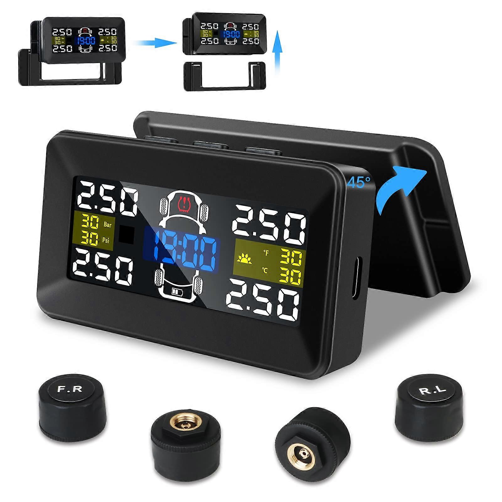 3.5 inch TPMS tyre pressure monitoring system, removable wireless solar TPMS 6 alarm modes, 4 external tyre pressure sensors