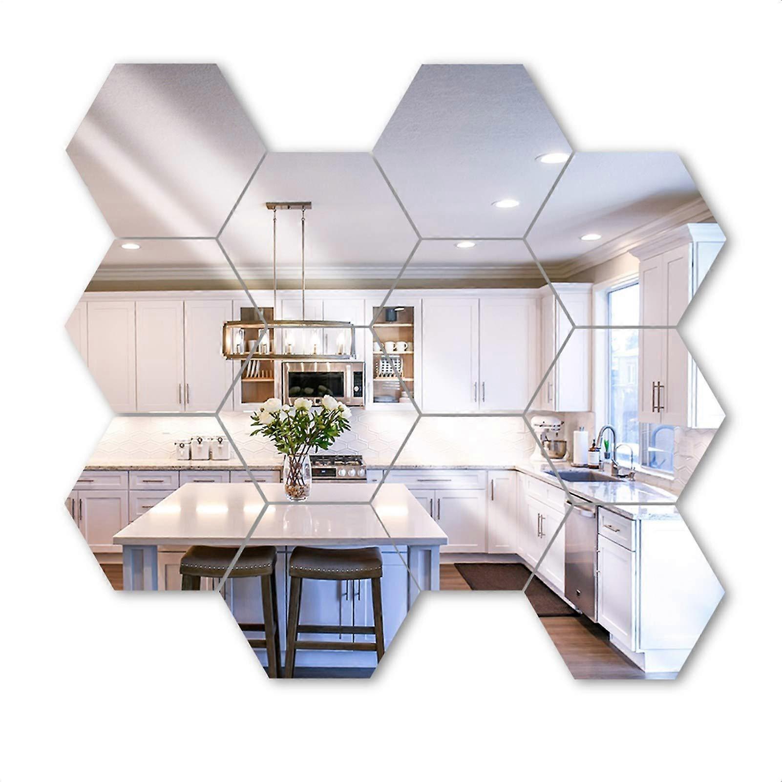 12 PCS Hexagon Mirror Tile Wall Sticker 3D Acrylic Mirror Wall Sticker Decor Stick On Modern Decal (Silver, 20 * 17 * 10 cm)
