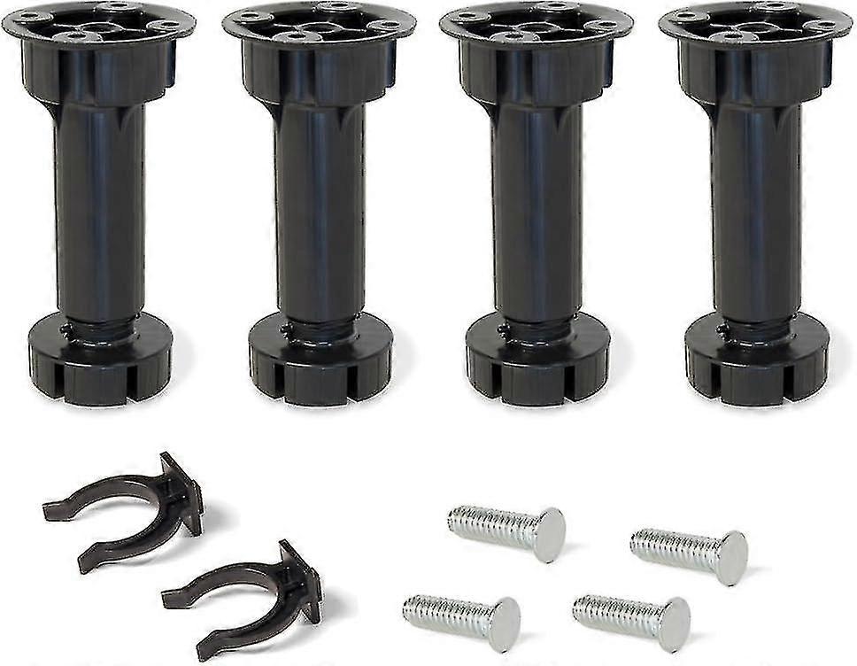 4-Pack Adjustable Plastic Legs, Black, 100mm with Accessories for Kitchen and Bathroom