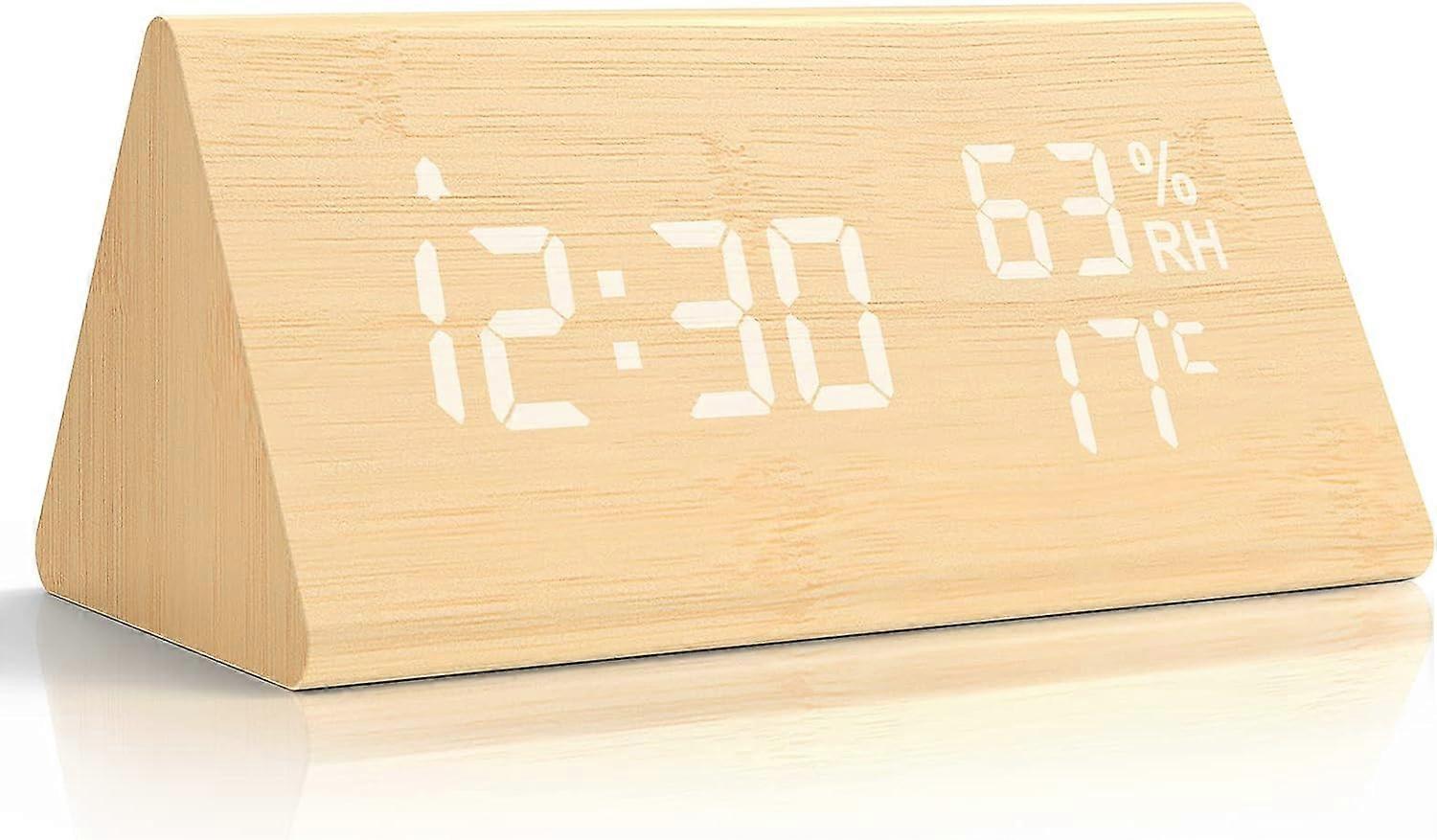 Wooden Digital Alarm Clock, Digital Clock with Snooze/Date/Temperature and Humidity- Bamboo