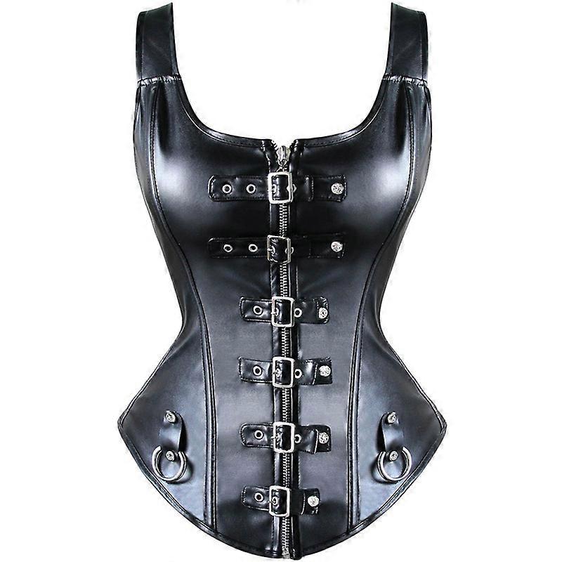 Faux Cuir Corset Haut Bandoulière Corselet Noir Fermeture à glissière Bustier Bustier Taille Trainer Gilet Corset Overbust Femmes Steampunk