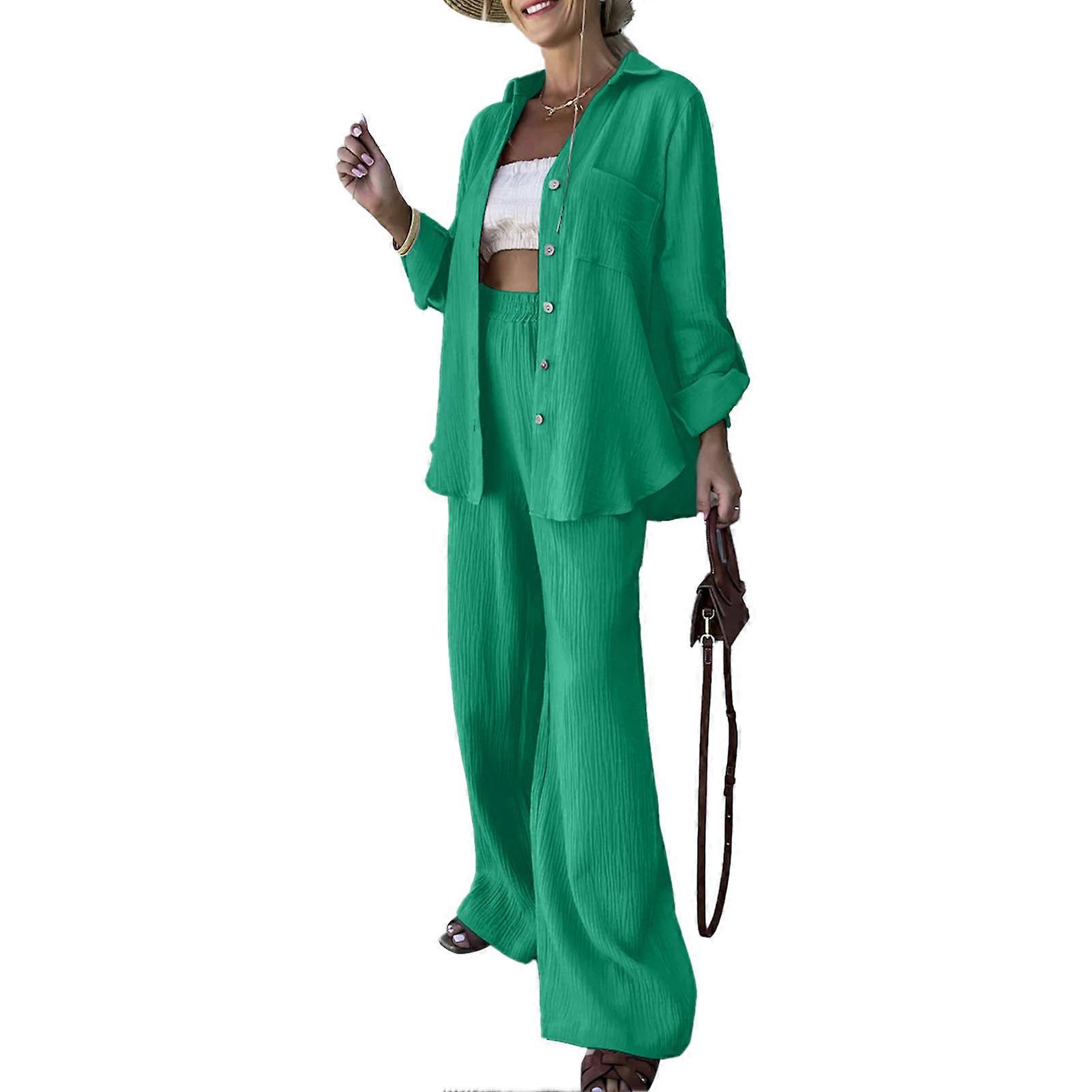Vrouwen Lange Mouw Button Up Outfit Set Turn Down Kraag Wijde Pijpen Elastische Taille 2-delige Lounge Set Groen M