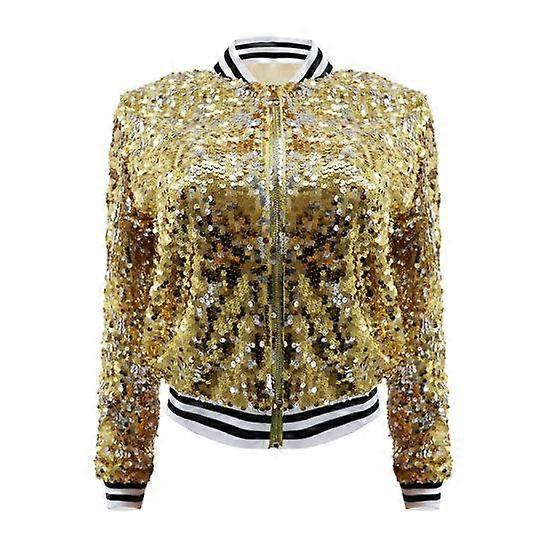 Women Jacket Shiny Sequin Long Sleeve Stand Collar Striped Loose Zipper Closure Elastic Cuff Stage Performance Emcee Coat
