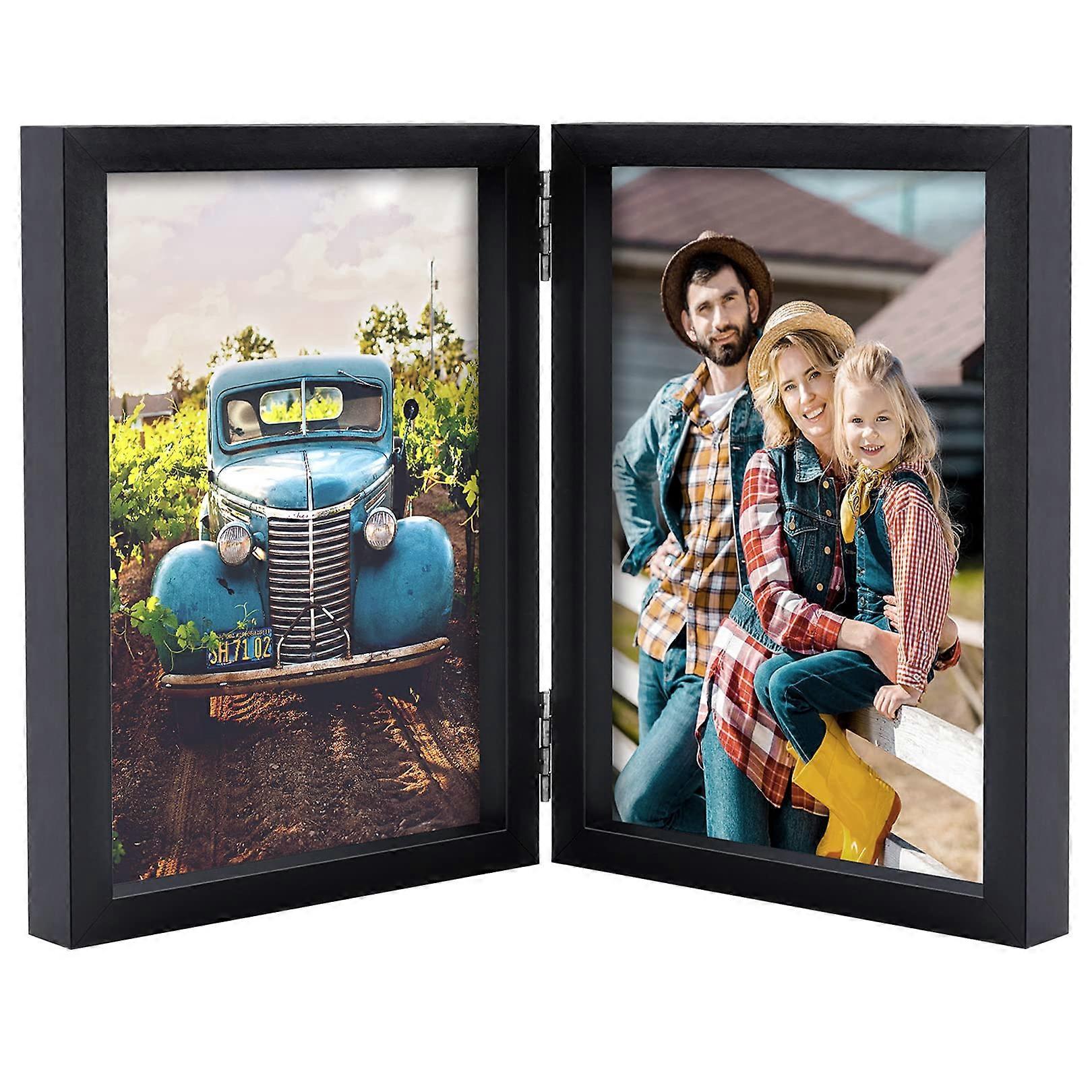 5 Frames Double Hinged Wood Folding Vertical Picture Frames, Black, 5x7 Real Glass Front, Photo Display Decor