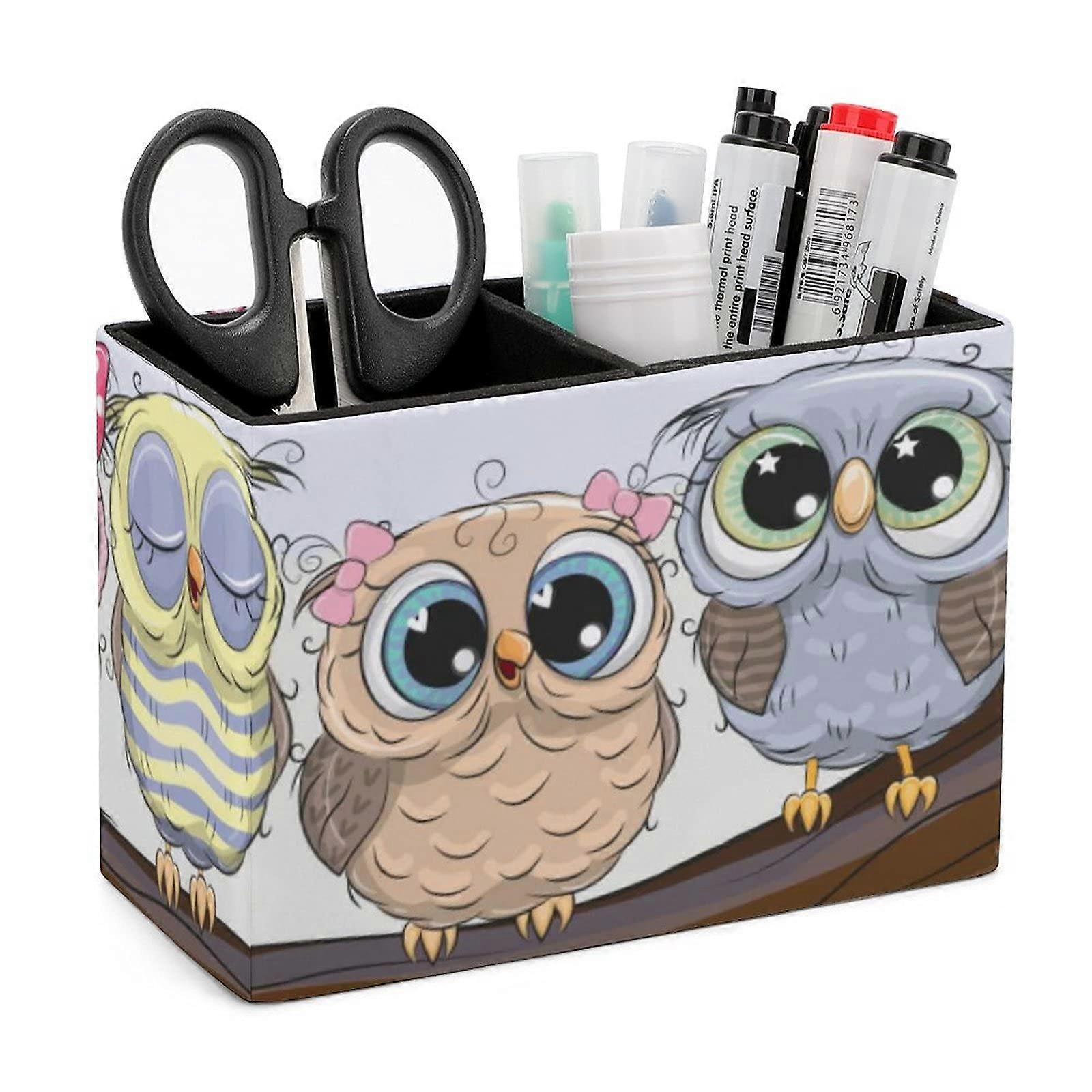 Five Cute Owl Leather Pencil Holder with Branch Design, Table Storage Box for School and Office Organization, Stylish and Functional