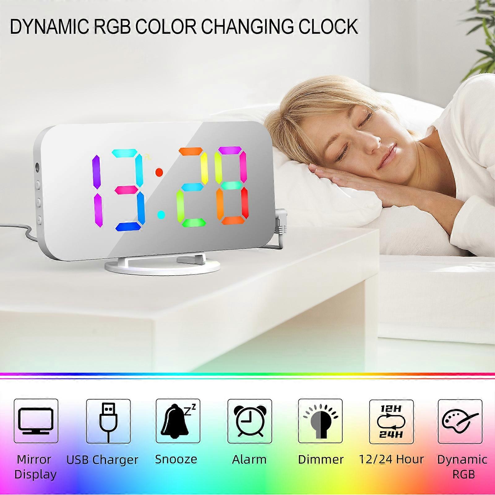Digital Alarm Clock with Dynamic RGB Light Dimmable Brightness Adjustable Snooze Function USB Charger Port Mirror Clock 12H/24H for Bedroom Home Offi