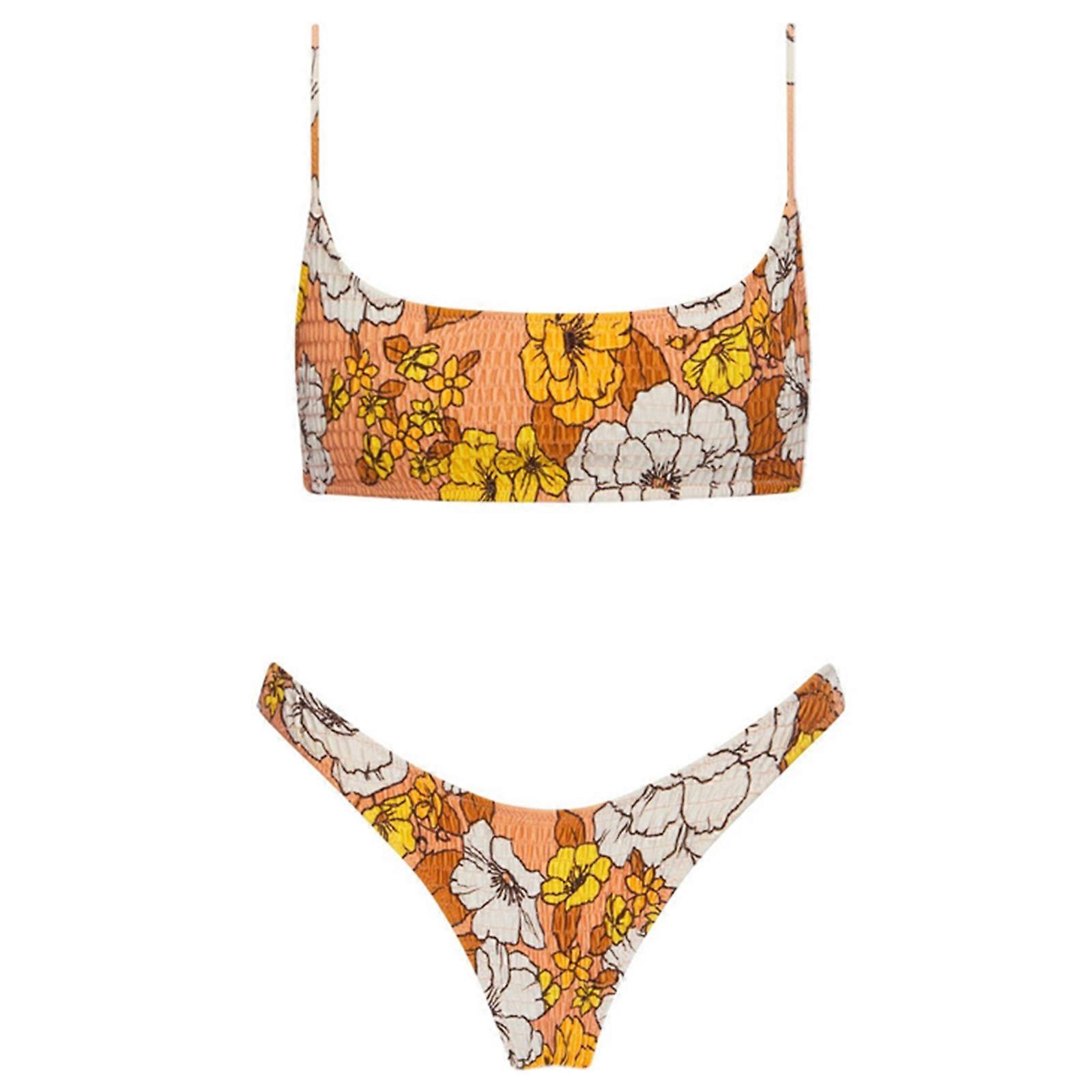 Kvinner Todelt Sexy High Cut Thong Badedrakt Sett Push Up Bikinier Sett Justerbare stropper Badetøy Badedrakter Strandtøy kaffe oransje blomst M