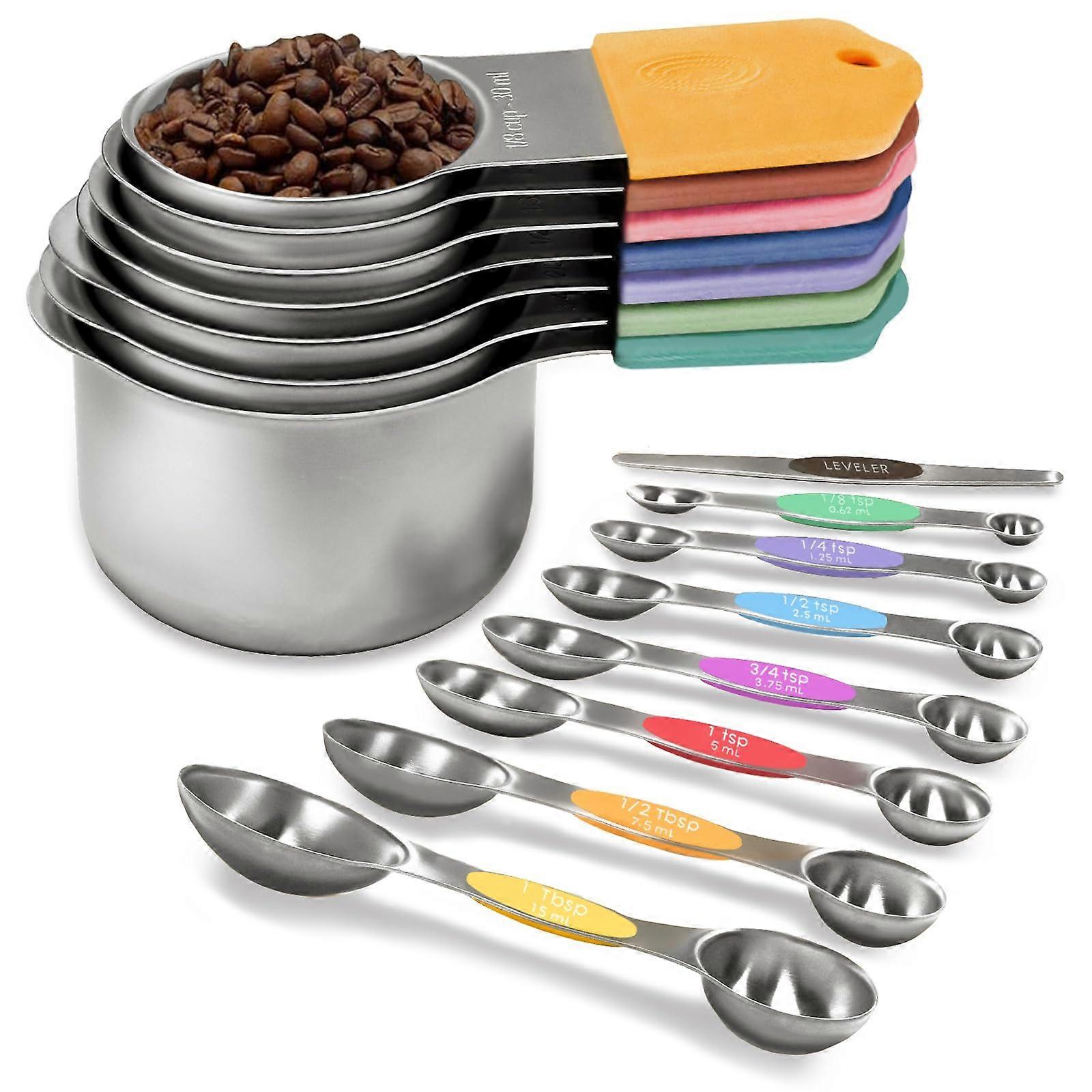 Magnetic Measuring Cups and Spoons Set, 7 Heavy Duty 304 Stainless Steel Cups, 8 Magnetic Spoons with Leveler for Baking and Cooking