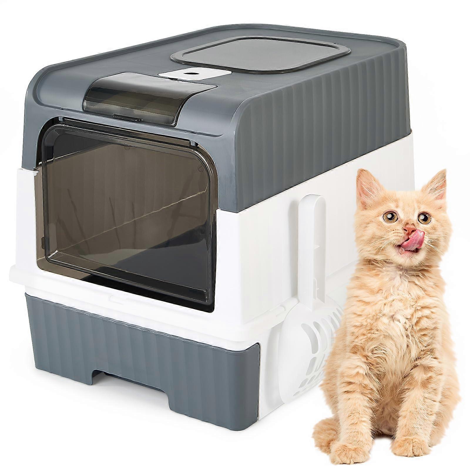 Cat Litter Box with Scoop, Large Foldable Litter Box with Lid, Front Entry Top Exit Kitty Box, Odor Control, Easy to Clean (Grey)