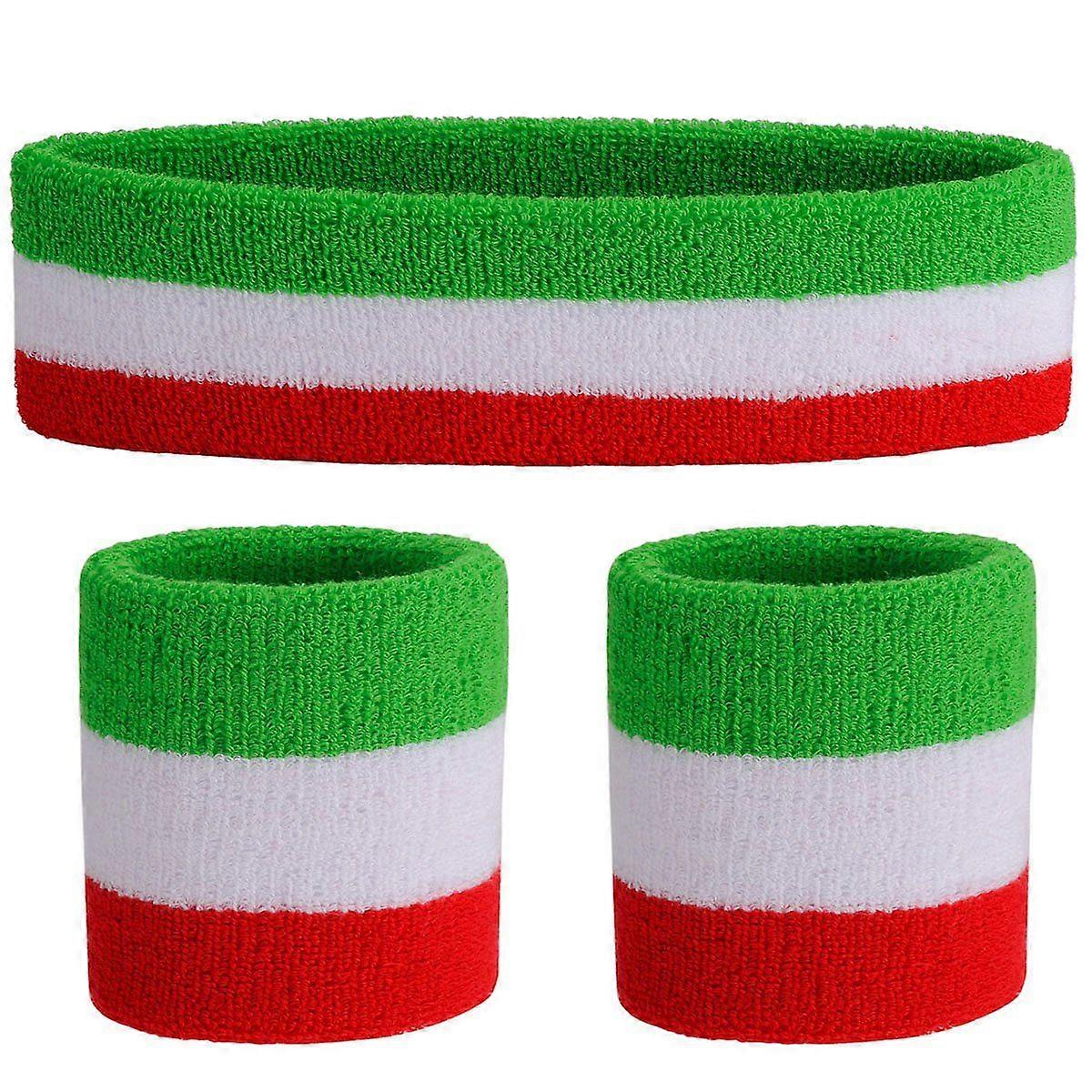 Sweatband Set (3 Pieces) Athletic Headbands Wrist Stripe Sweatbands Terry Fabric Wristbands Athletic Sweatbands and Headbands (Red, White and Green)