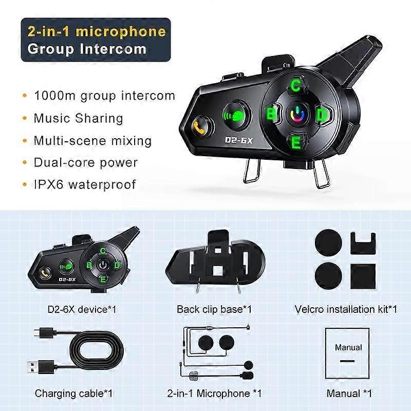 D2-6X 1000m Helmet Intercom Motorcycle Bluetooth Headset Moto Wireless Interphone Communicator for 6 Riders Music Share Waterproof