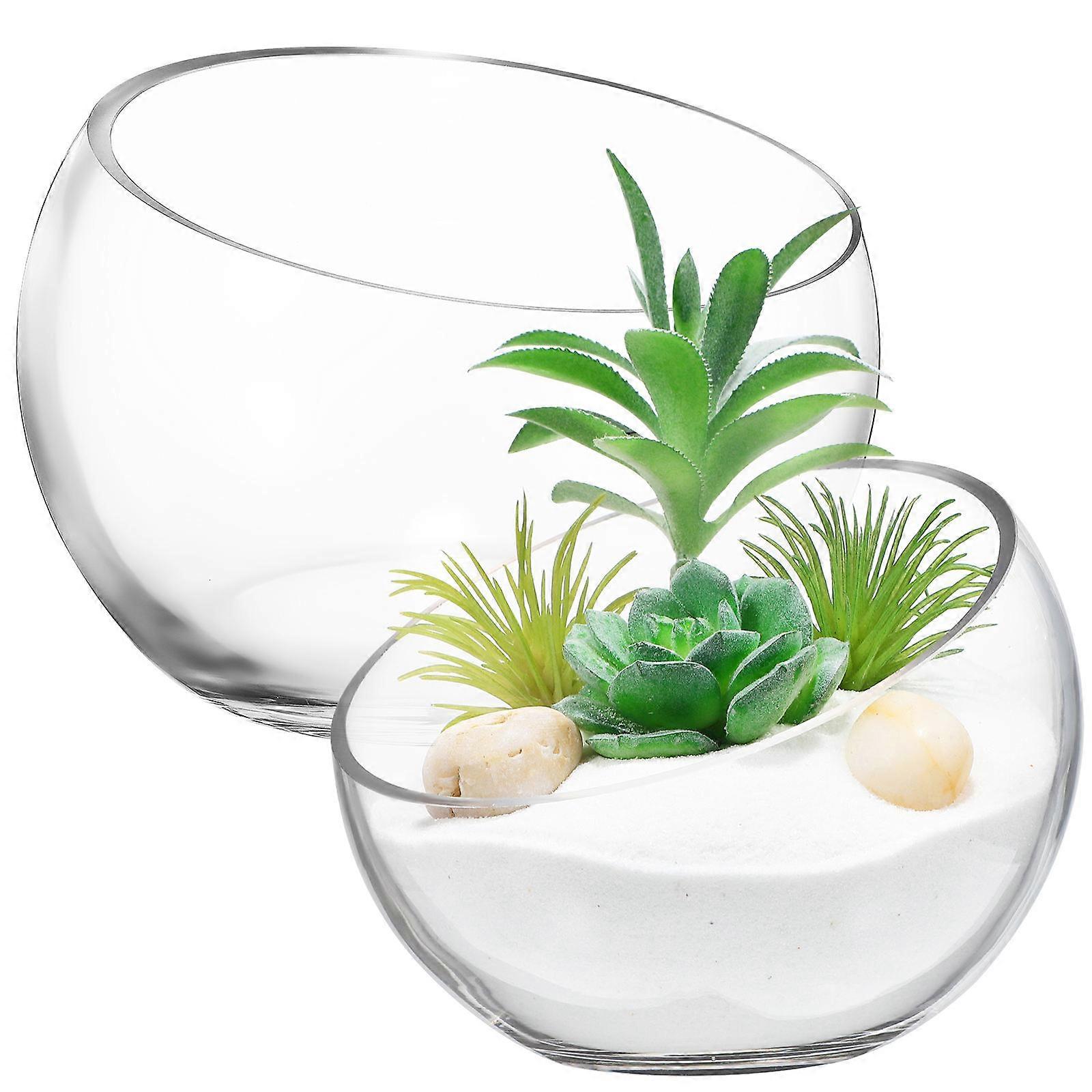 Clear Glass Succulent Planters with Slanted Half Round Design, Set of 2 – Decorative Hydroponic Bowls for Indoor Propagation, Terrariums, and Floral