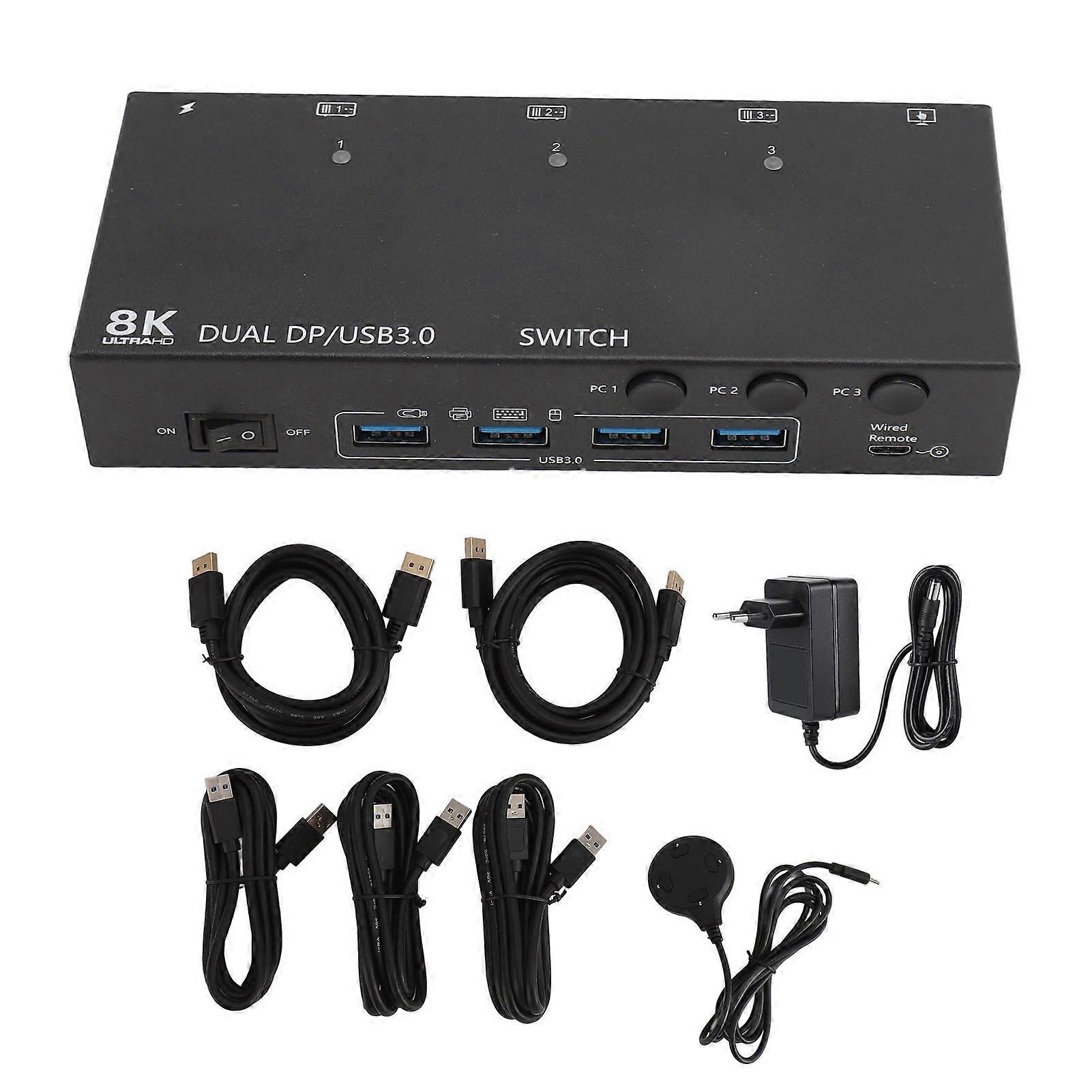 Dual DP USB3.0 KVM Switch 3 in 2 Out 8K 30Hz 4K 144Hz EDID Emulator for Copy Extend Display
