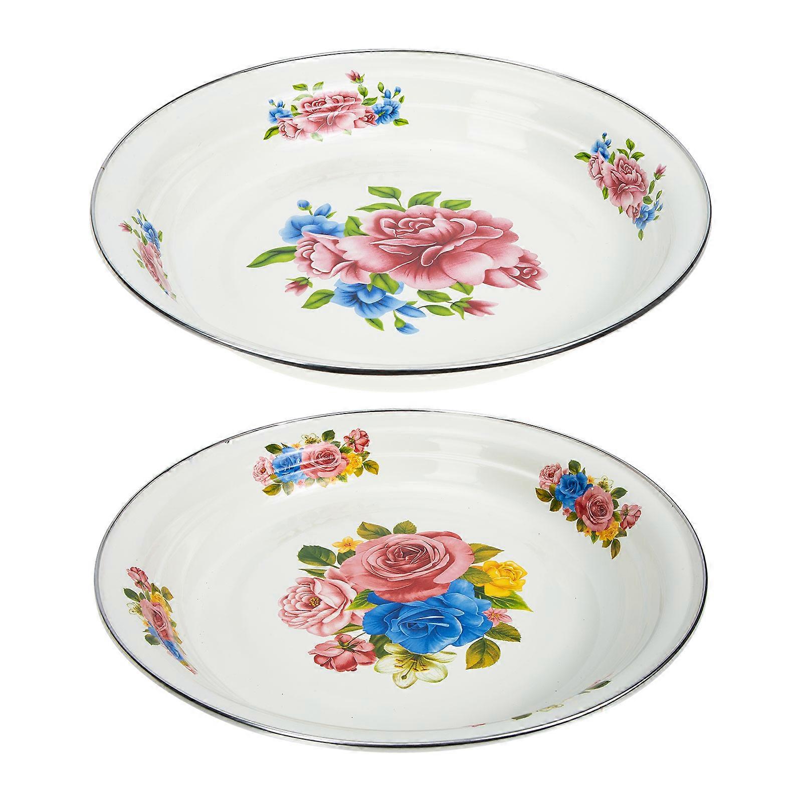 2pcs Retro Style Enamel Plates Household Fruits Plates Flat-bottomed Enamel Plates for Home