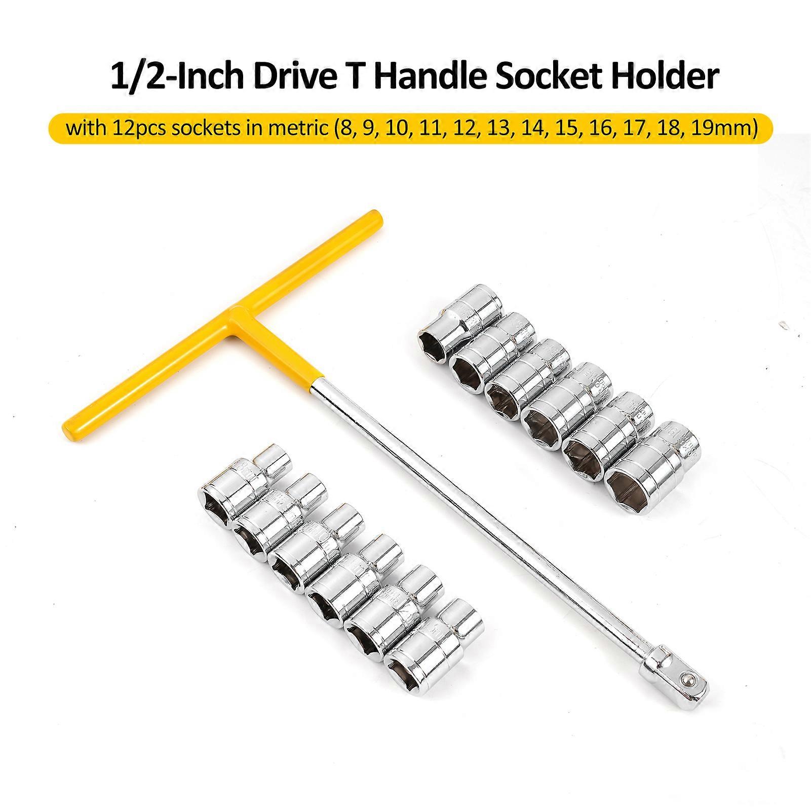 13 Pieces Socket Wrench Kit Includes 1Pcs T Handle Socket Driver and 12Pcs Socket, Mechanic Tools Kit for Automotive Repair & Household, Metric Socke