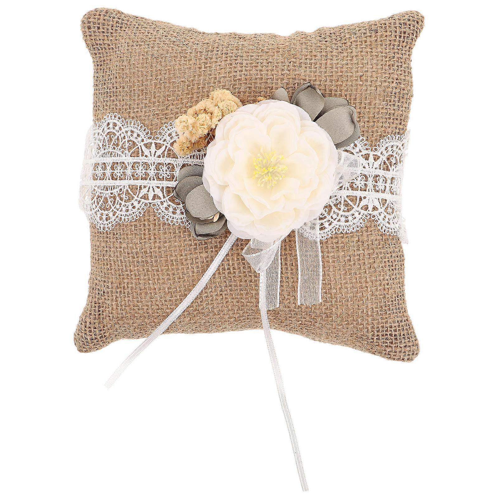 Lace Wedding Ceremony Cushion Vintage Linen Bridal Ring Pillow Rustic Burlap for Engagement Proposal 1Pack