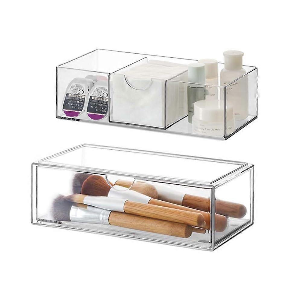 Cosmetic Organizer 2-Piece Set, Transparent Makeup Storage with Drawers for Eyeliner, Lipstick, Mascara, and Brushes