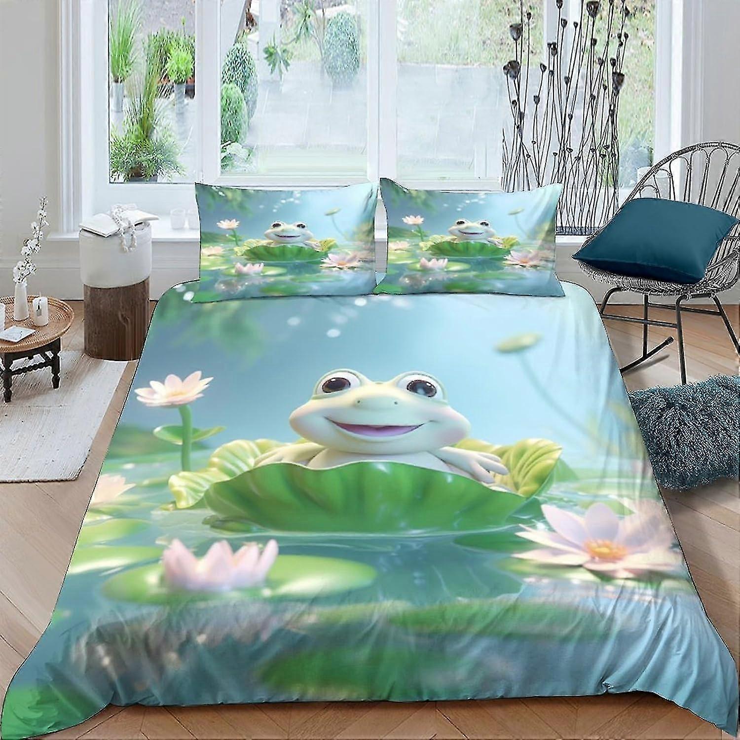 Conjunto de capa de edredom de microfibra macia com design de sapo de olhos grandes para decoração de quarto, anti-alérgico com fecho de zíper, tamanho duplo