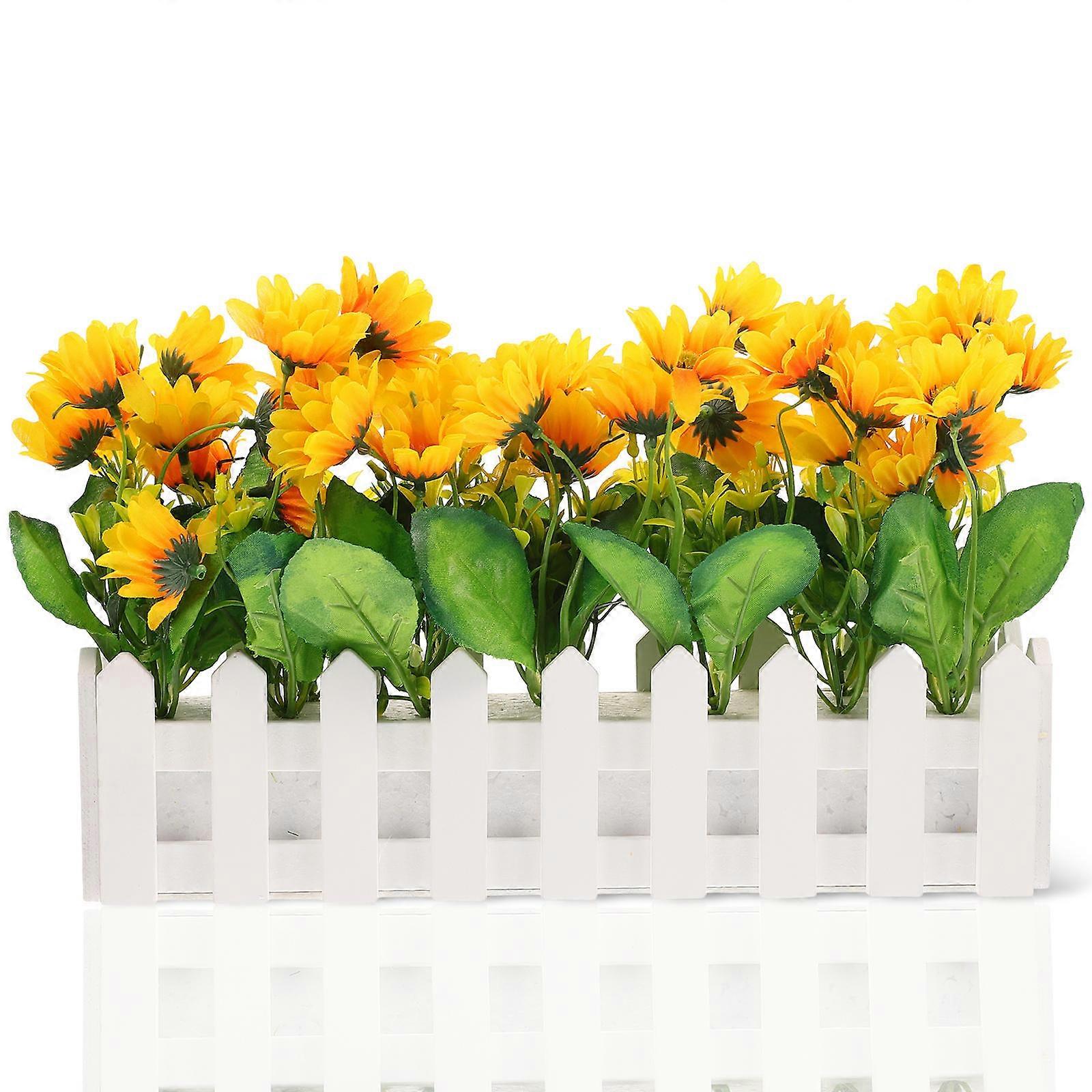 Artificial Sunflower Plant with Fence Pot – Compact Indoor Faux Flower Decoration for Home, Office, and Classroom Corners – Easy to Use Fake Plant