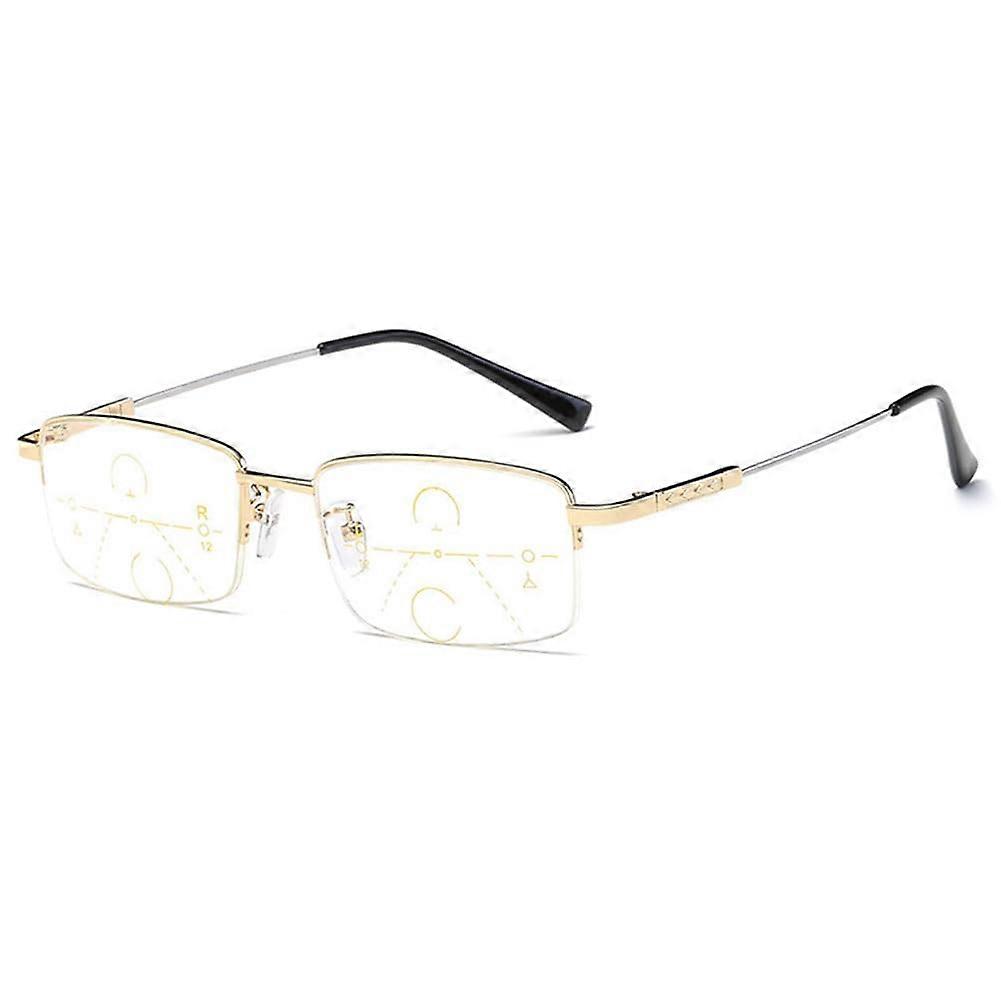 Progressive Multifocus Reading Glasses Metal Half Frame Blue Light Filter 1X Gold 1.0x