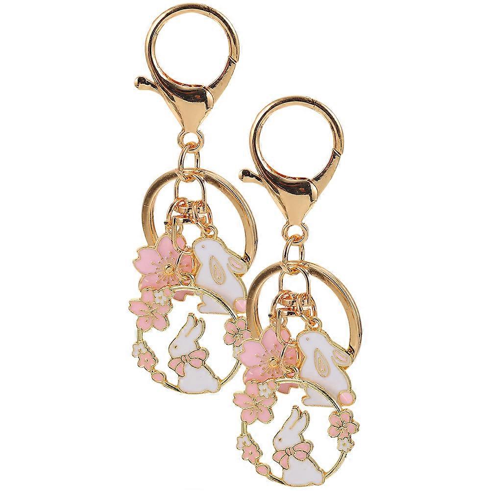 Kawaii Rabbit Keychain with Cherry Blossom Decorative Charm Made of Zinc Alloy Assorted Color 2pcs