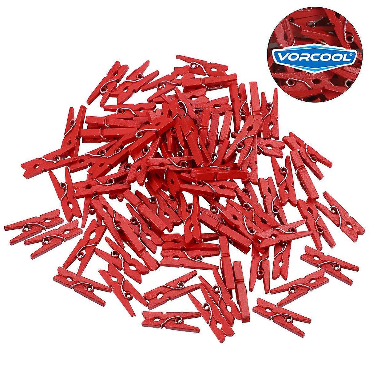 VORCOOL 100pcs Mini Wooden Paper Clips for Hanging Photos and Crafts Red Plastic Lightweight and