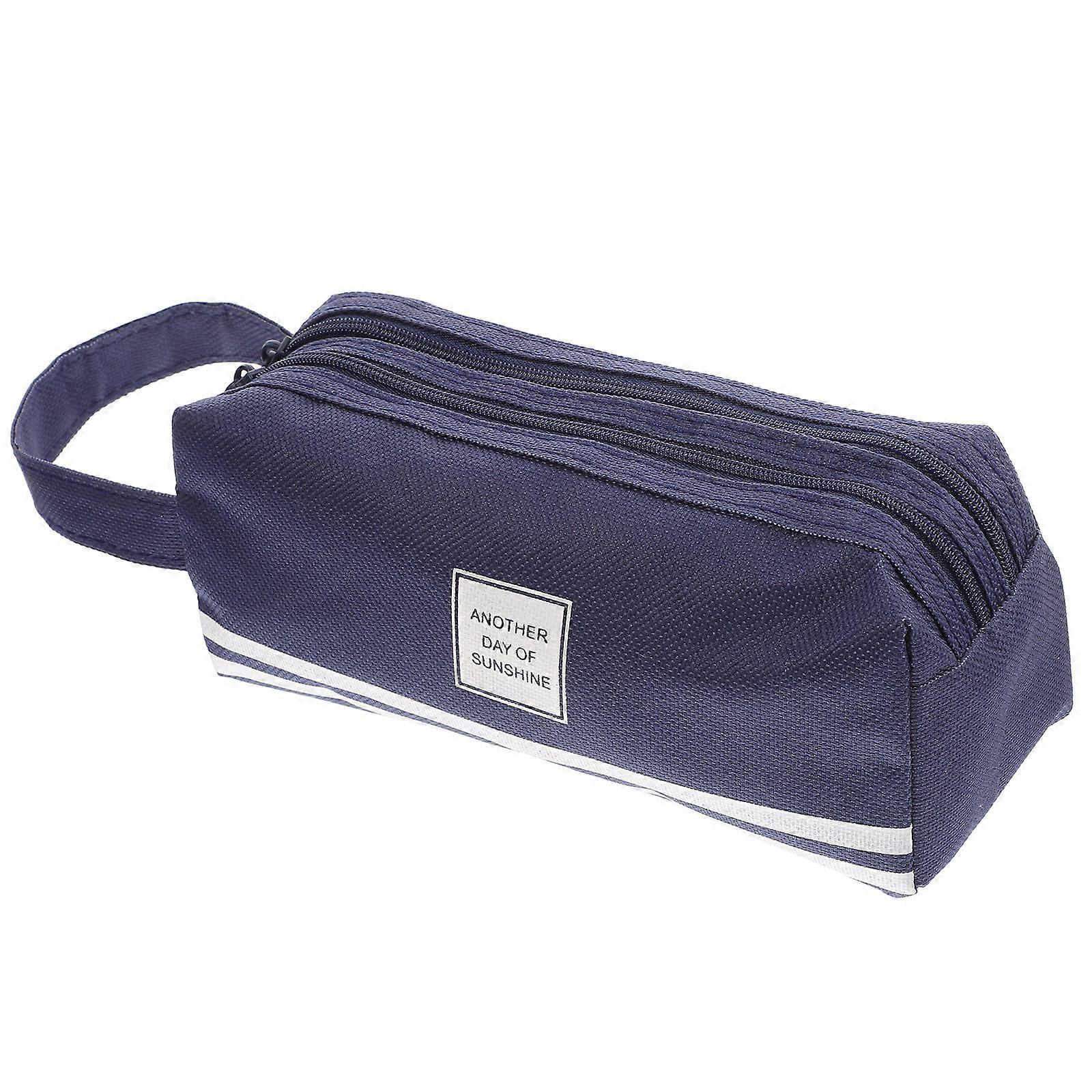 Portable Pen Case Dark Blue Simple and Chic Large Capacity For Office Use 20X7.5cm 1Set