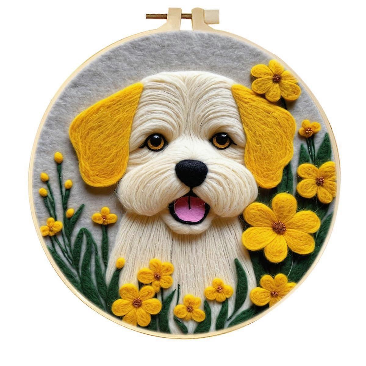 Needle Felting Set Cartoon Dog And Flowers With Frame For Beginners 20 X 20 Cm Wool