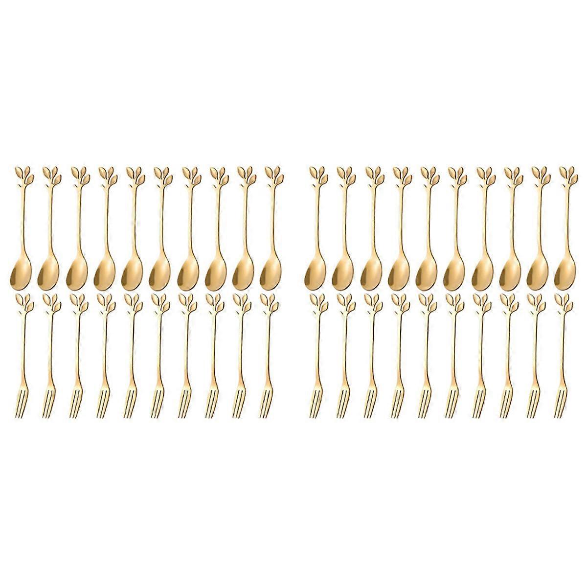 Dessert Spoon Fork Set,20 Pcs 4.7 Inch Cake Fork,Coffee Spoon, Leaf Fruit Fork,(10 Spoon + 10 Fork)