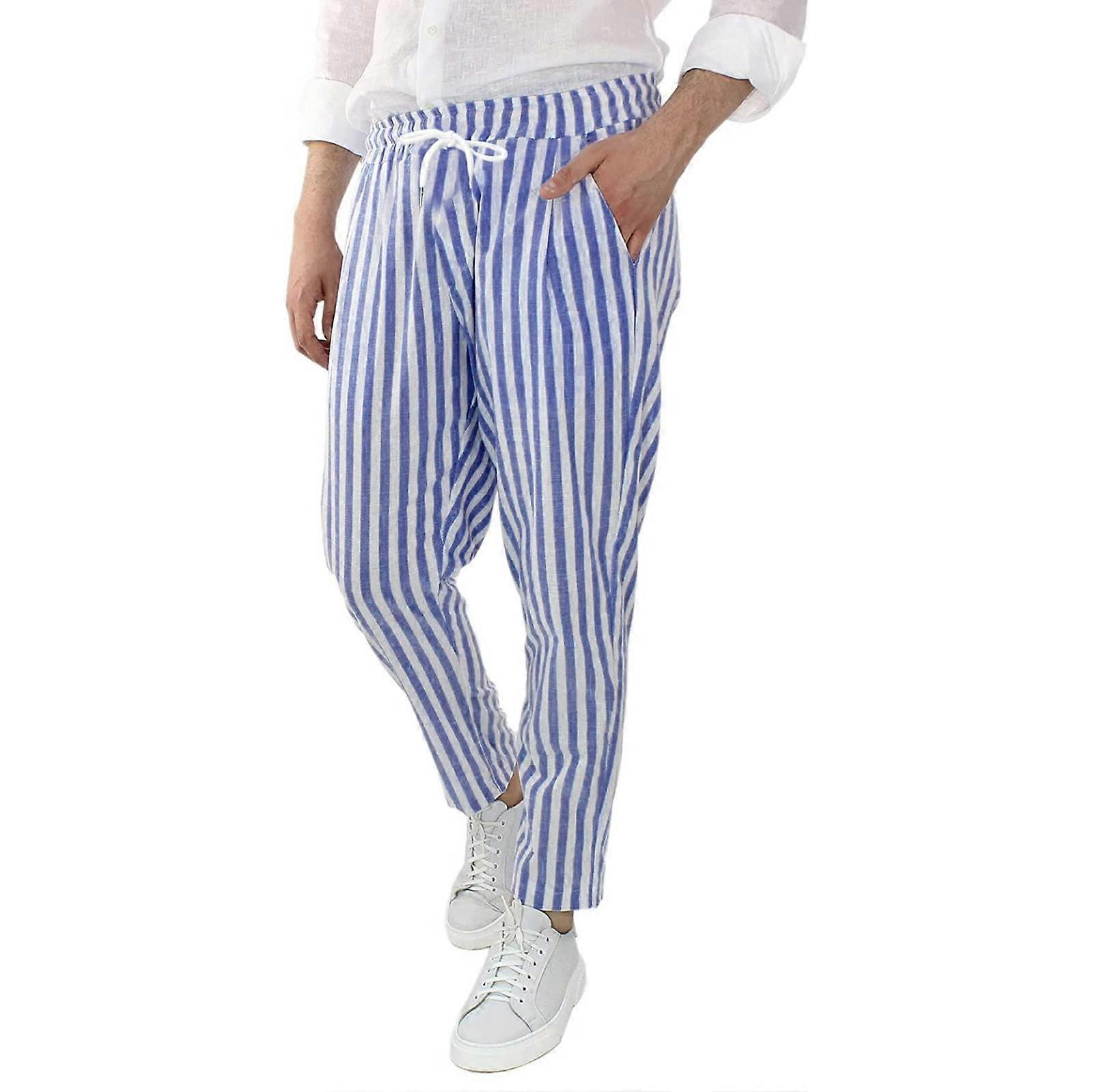 Striped Linen Pants Men Lightweight Summer Joggers Breathable Beach Pants M Dark Blue