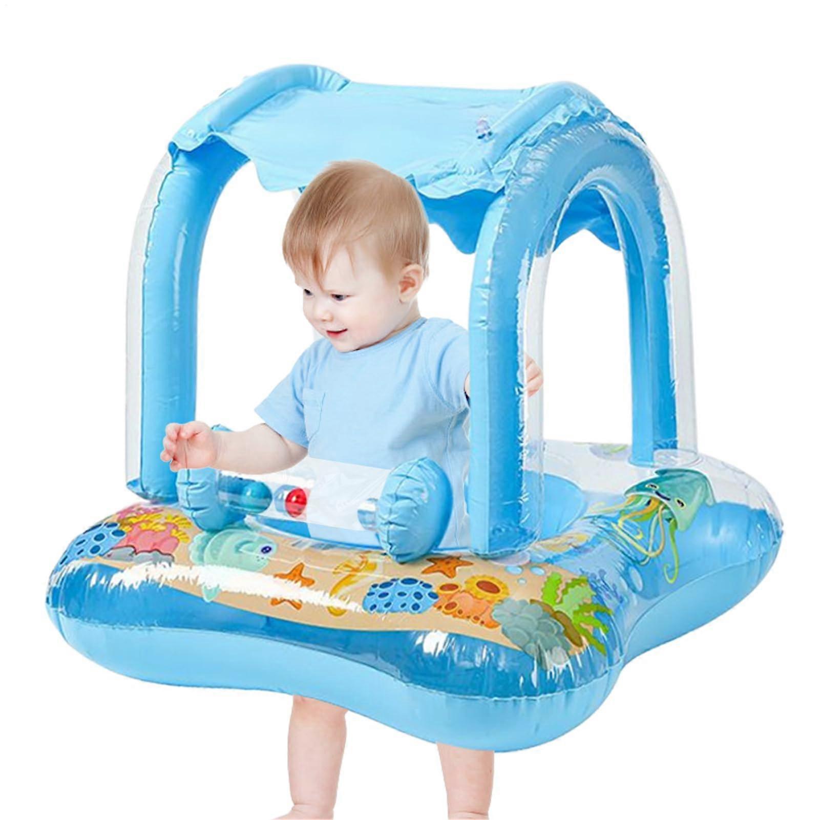 Floating Baby with Sun Canopy Inflatable Shelter for Swimming Animated Floater with Sunshade for Water Play Beach Lake Blue