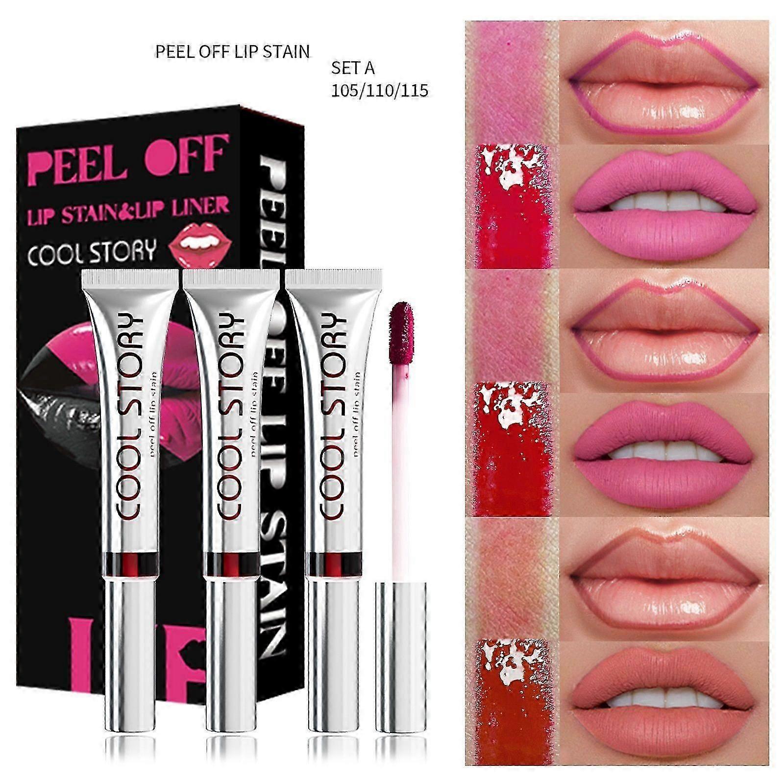 3Pcs Peel Off Lip Stain Lip Tint Set, Matte Lipstick & Lip Liner, Waterproof Long Lasting Peel Off Lip Gloss Lip Makeup Kit