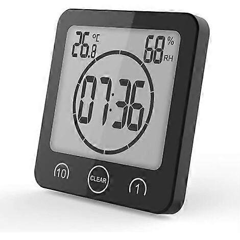 Bathroom Clock Timer Waterproof Bathroom Thermometer Hygrometer Bathroom Makeup Kitchen (Black)
