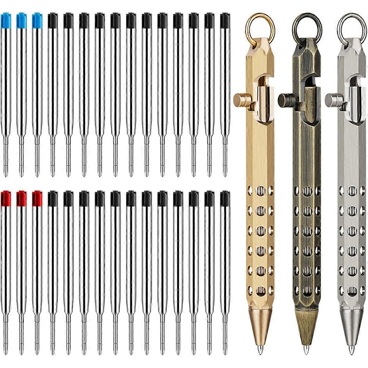 3Pack Bolt Action Pen Set, Hexagonal Solid Brass Pocket Pen with 30 Ballpoint Refills