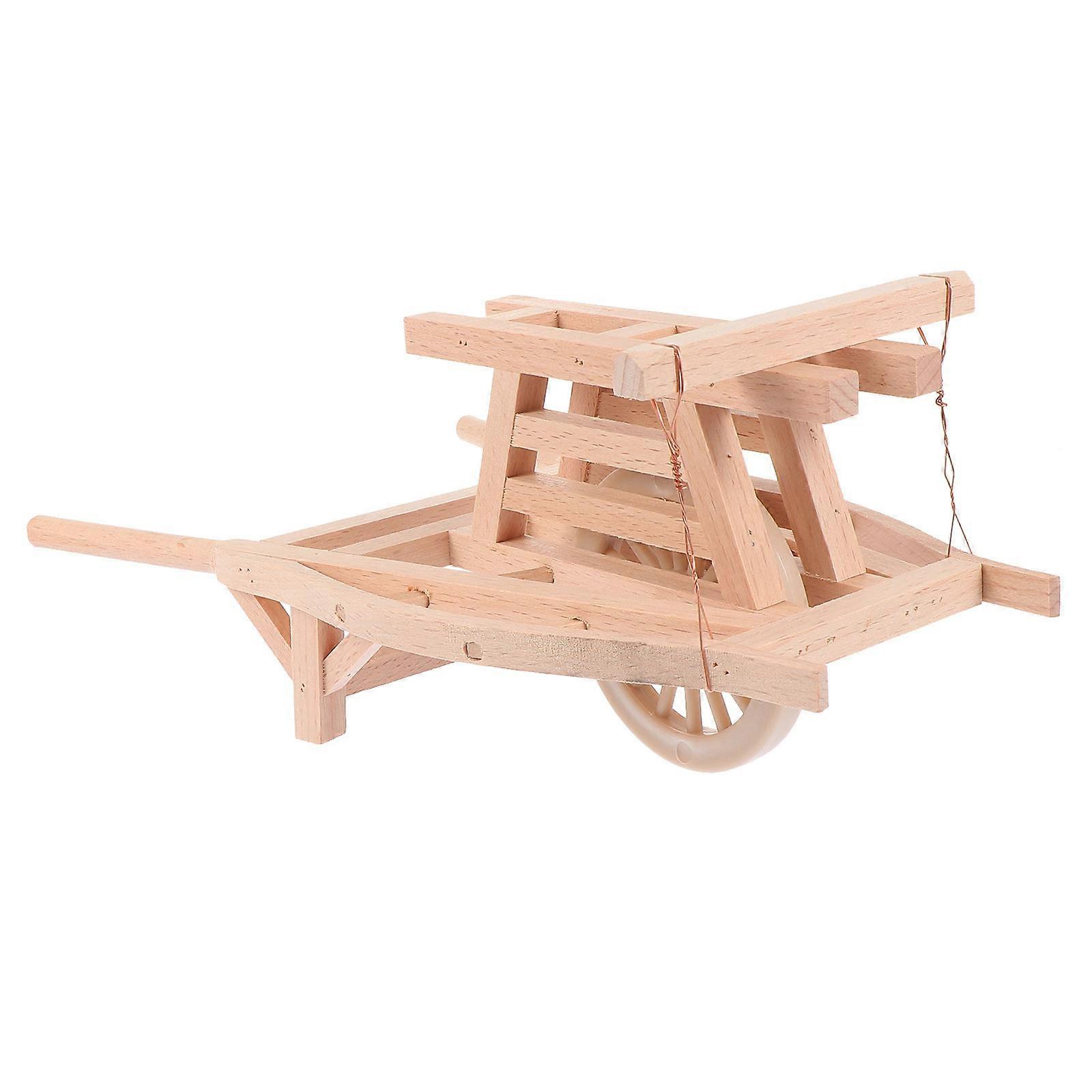 Light Brown Wooden Cart Model for Decor with 1Pcs Miniature Implement