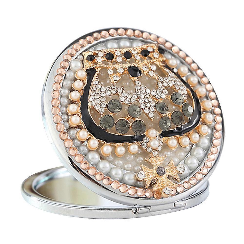 Folding Portable Mirror Rhinestone Crown Pattern for Makeup 2Pcs
