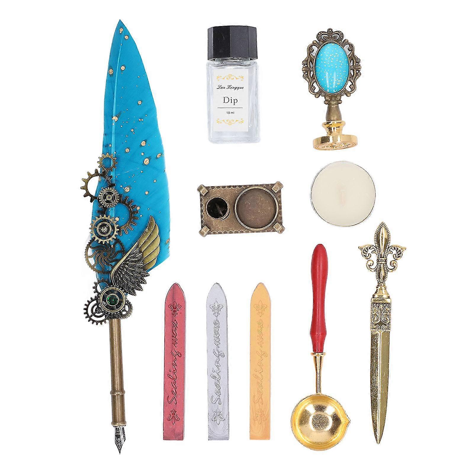 Quill Pen and Ink Set Vintage Style with Sealing Wax Stamp Glossy Quill Pen Wax Seal Stamp Set for Letter Envelope DIY 25-26