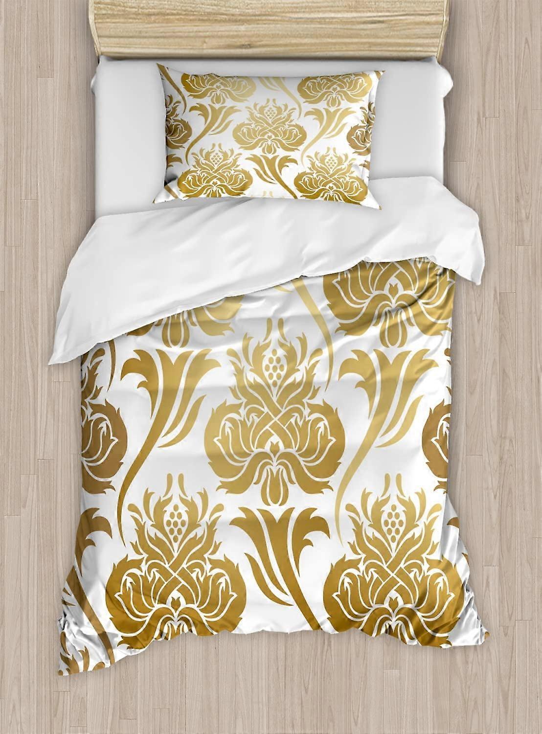 Parure de lit damassée, motif abstrait ombré, détails floraux inspirés de l'Orient, jaune caramel