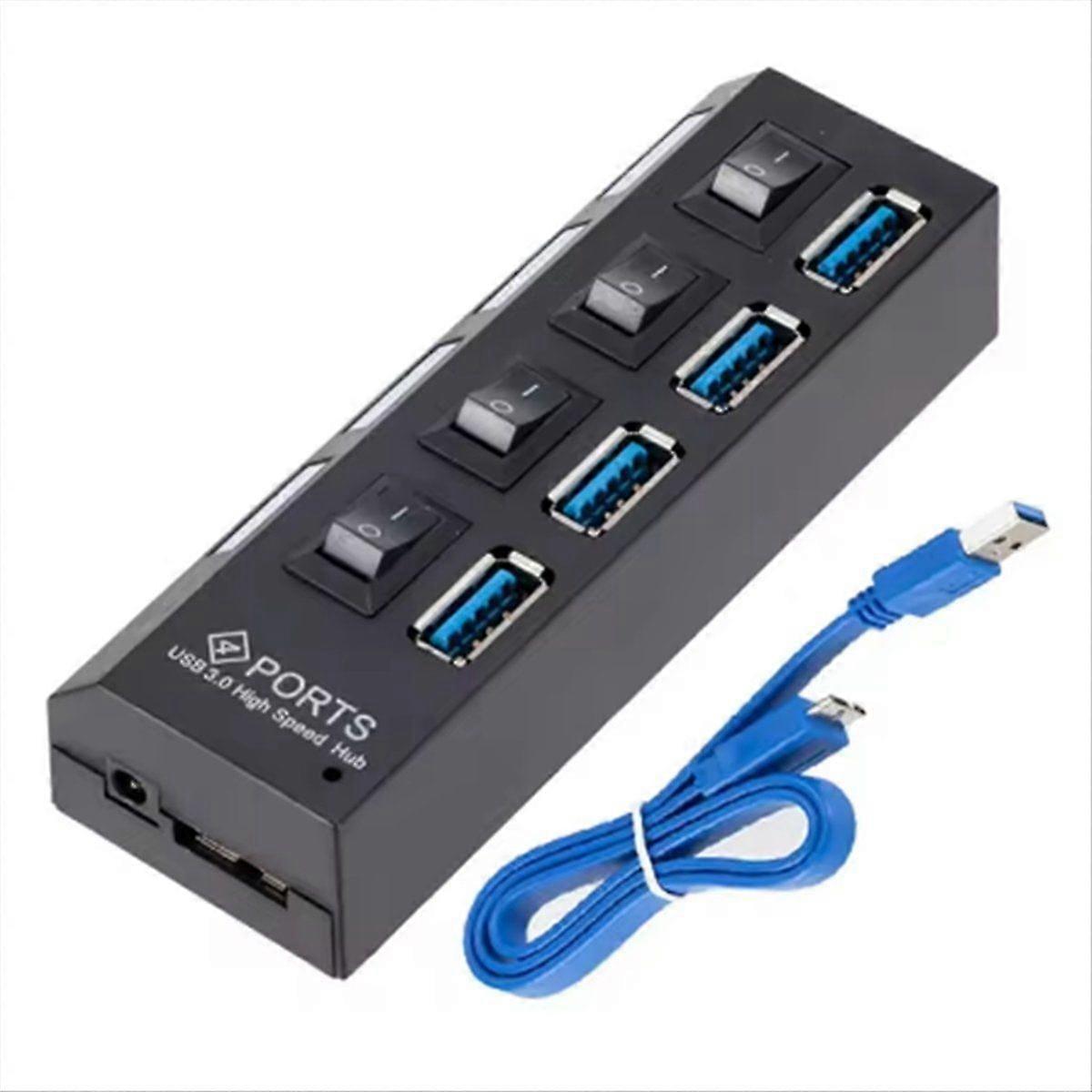 4ポートUSB HUB 3.0ハブUSBスプリッターマルチUSBハブ3.0ハブ電源アダプター、個別スイッチ付き