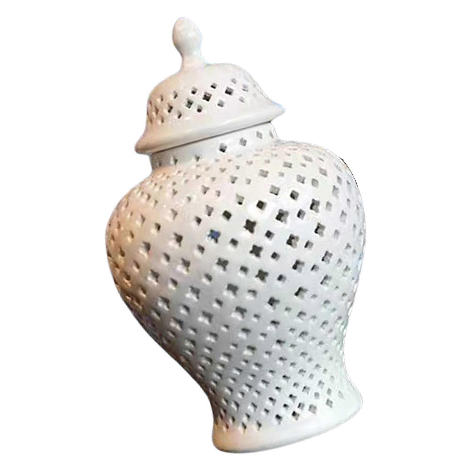 White Ceramics Gingers Jar with Lid for Displaying Flowers Hollowed Out Lattice Vases for Floral Arrangements Container  White S