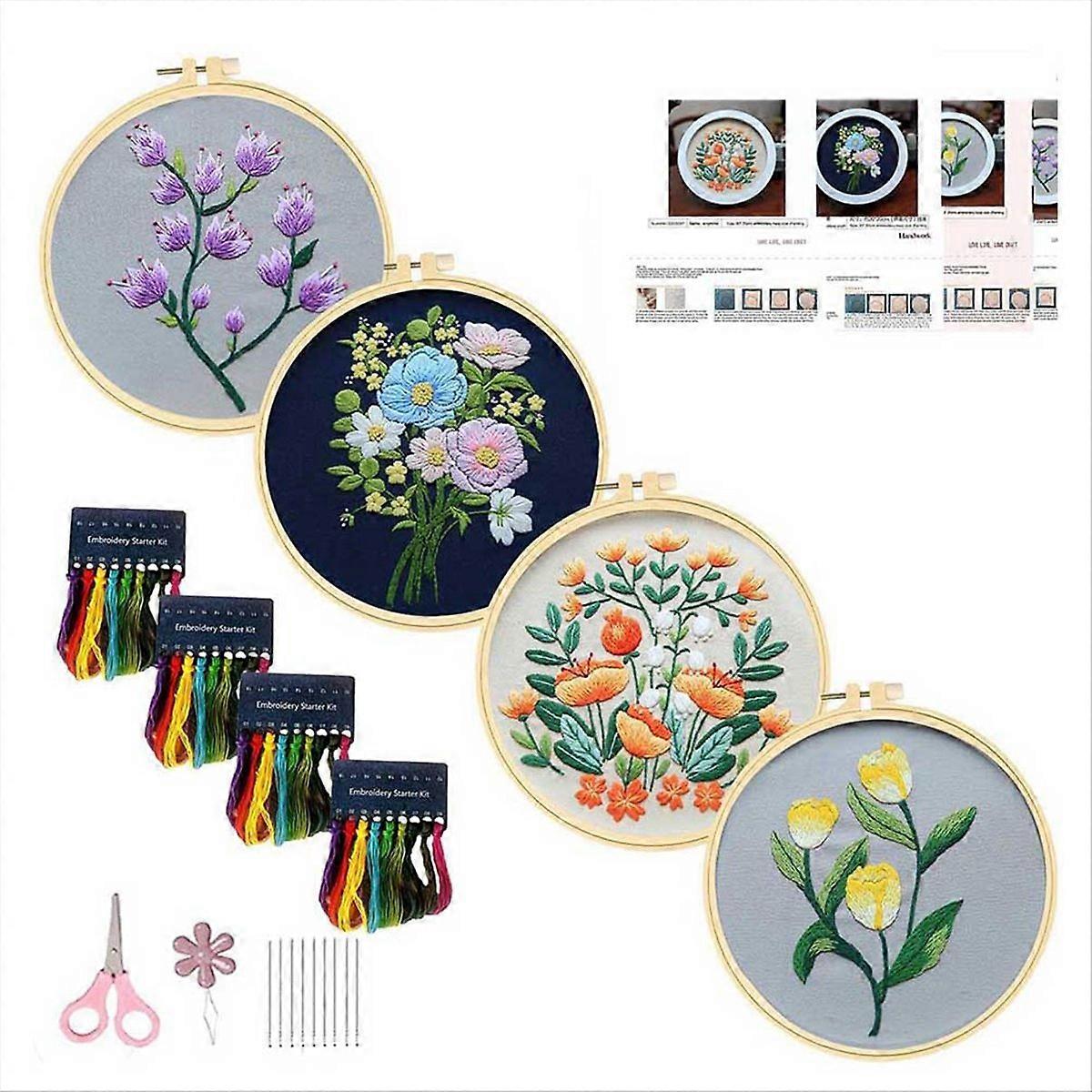 4Pack Embroidery Kits for Adults DIY Kits With Patterns(Flower-B)