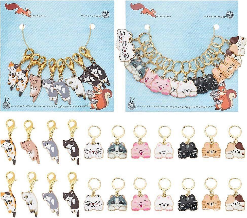 22 Pcs 2 Sets Cat Stitch Markers Alloy Enamel Locking Stitch Marker Removable Lobster Clasp/Leverback Hoop Locking Knitting Markers for Knitting Weavi