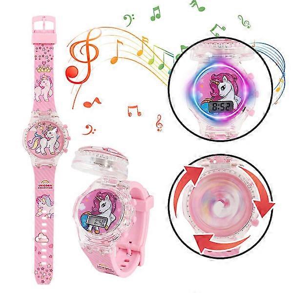 Children's watch with cartoon characters, flashing lights, luminous digital music watch with spinning top and flip case Unicorn