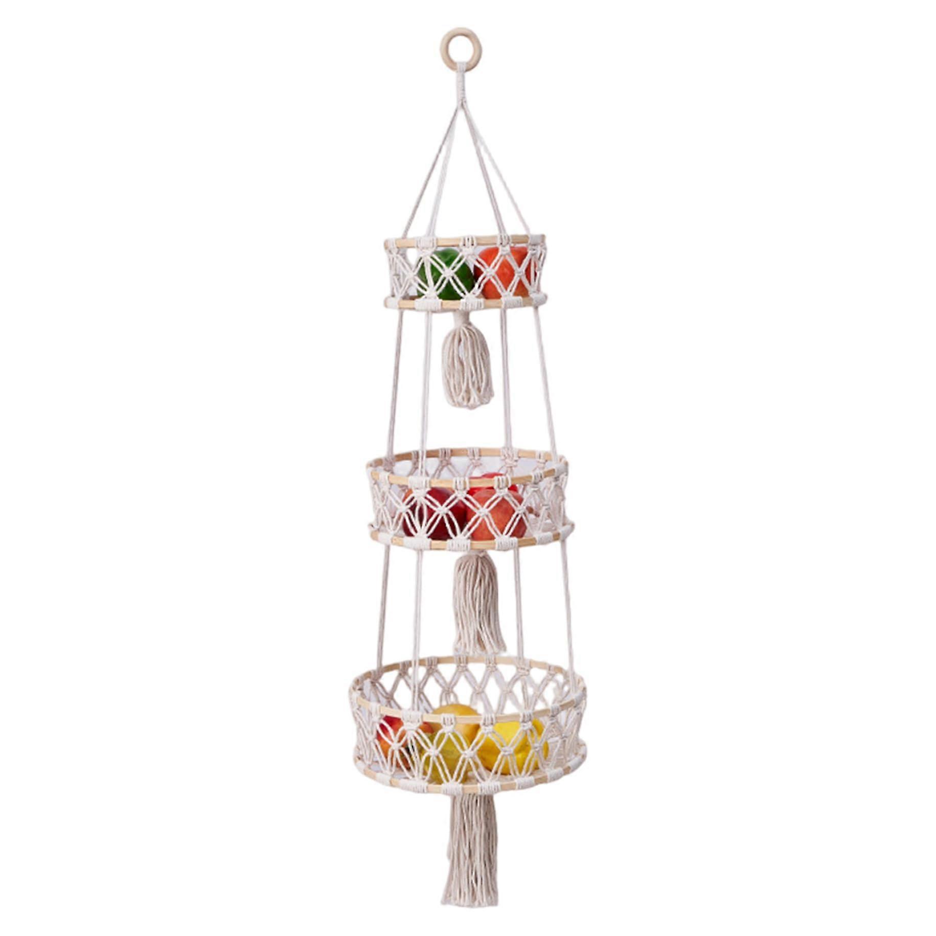 Hanging Fruit Basket 3 Tier Cotton Rope Woven Boho Design for SpaceSaving Vertical Storage