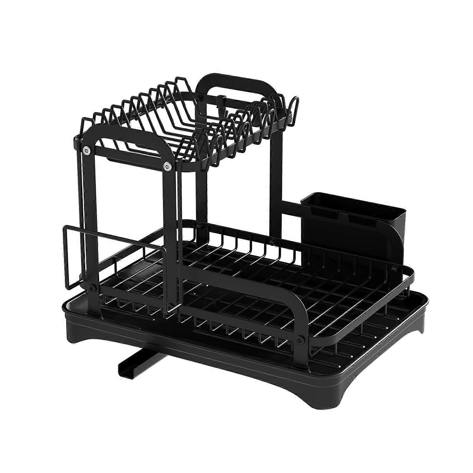 Double Layer Rotating Dish Drying Rack with Drainage Tray, SpaceSaving Kitchen Dish Rack for Countertop