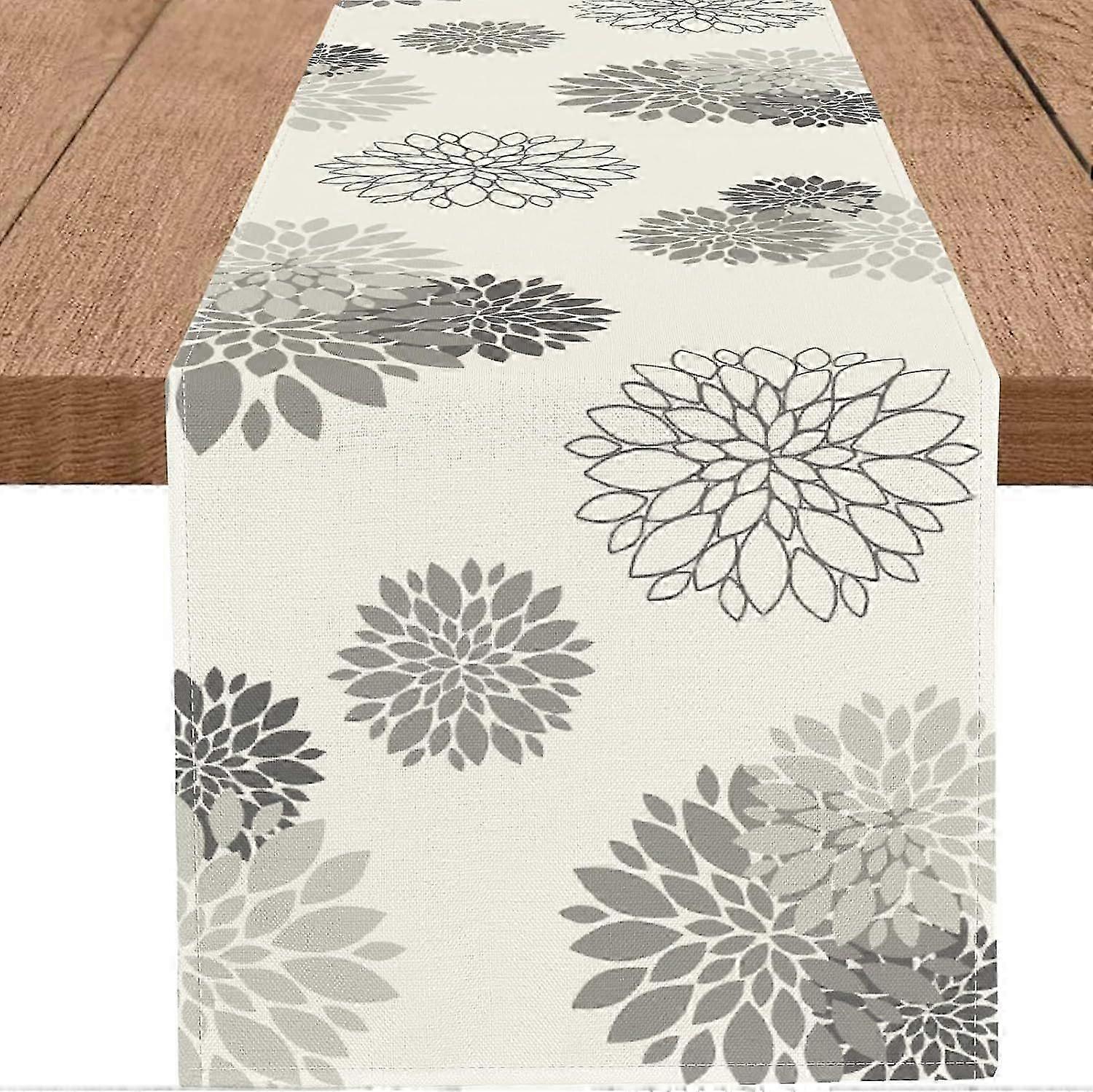 Gray Dahlia Table Runner Modern Elegant Flower Beige Table Runners Geometric